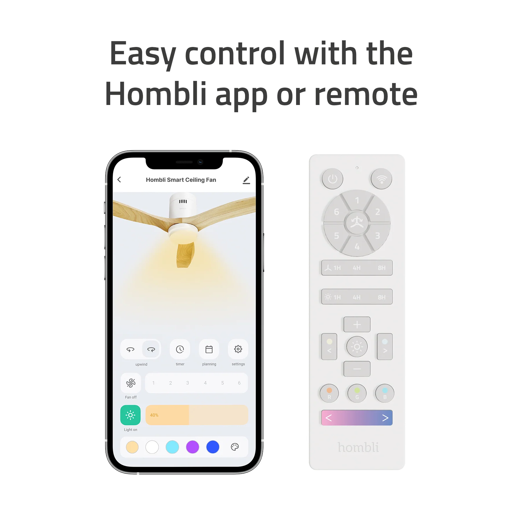 Hombli Smart Ceiling Fan & Light - White & White Wood - Image 4