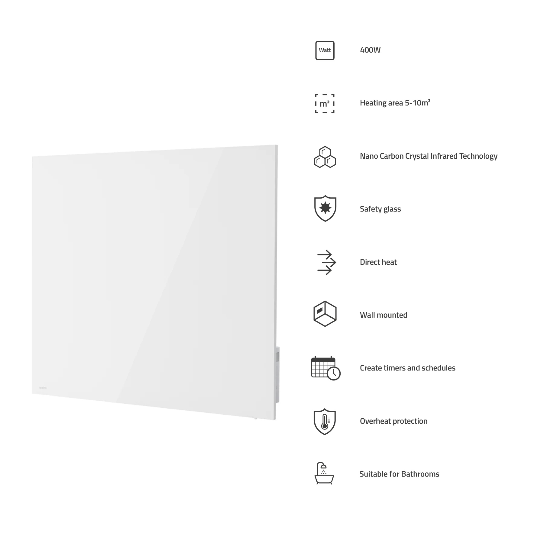 Hombli Smart Infrared Panel Heater - 400W White Glass - Image 6